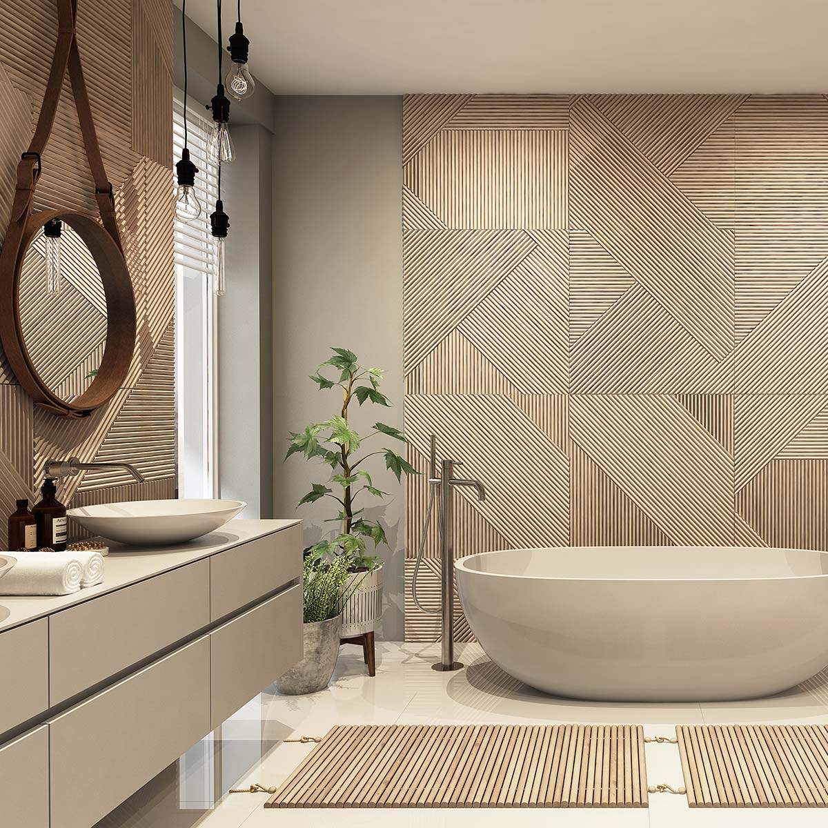 Bany amb parets de fusta amb motius lineals, amb banyera sola i pica a l'esquerra.