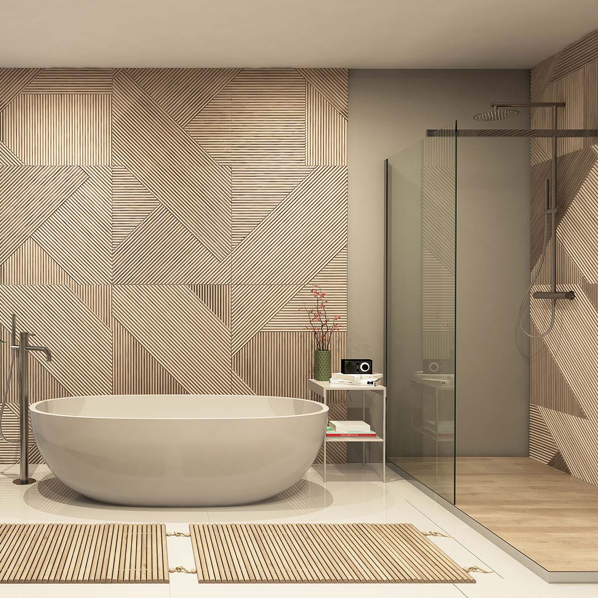 Bany amb parets de fusta amb motius lineals, amb banyera sola i plat de dutxa a la dreta.