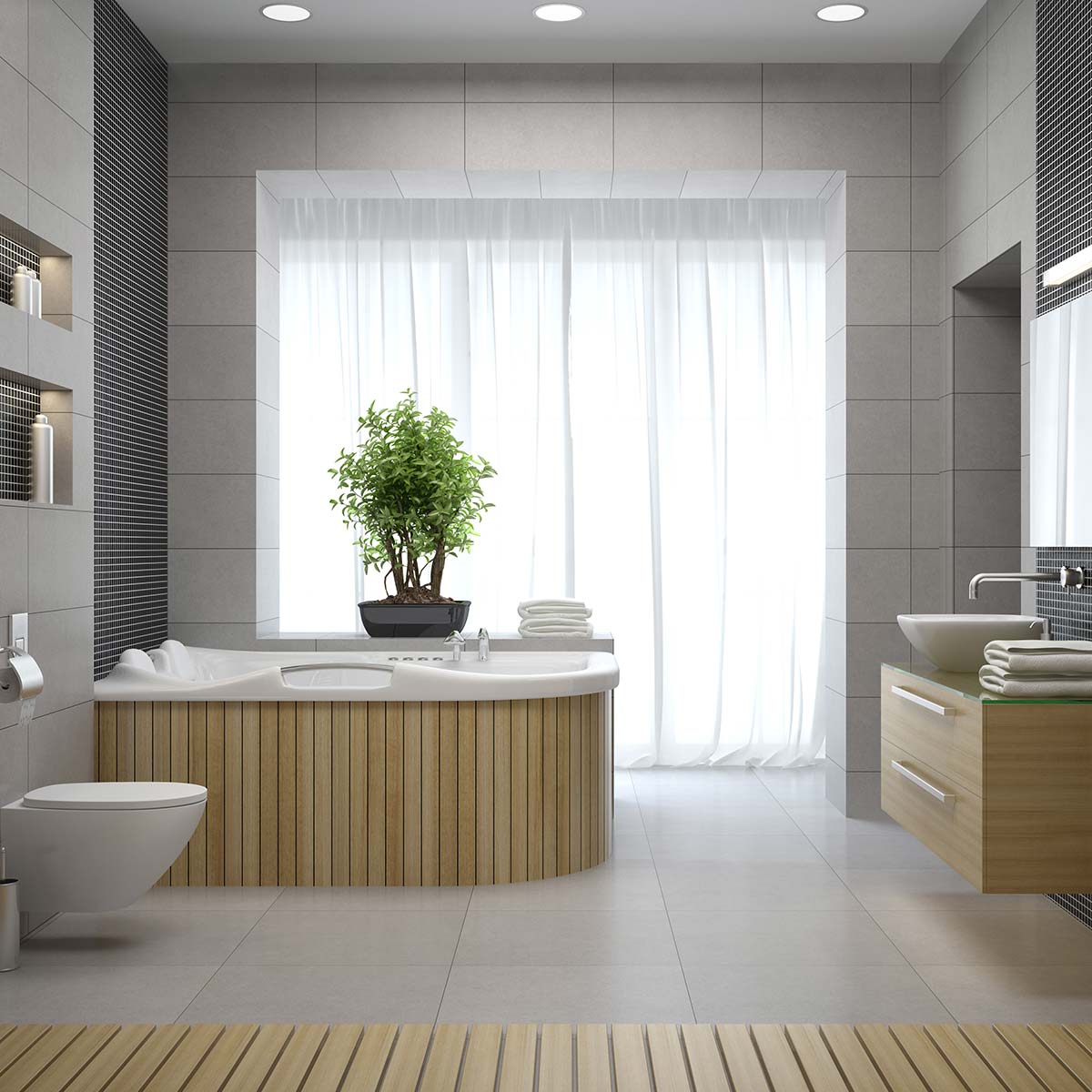 Bany amb tocs de fusta clara, banyera, WC i pica, amb una finestra al fons amb cortines blanques.